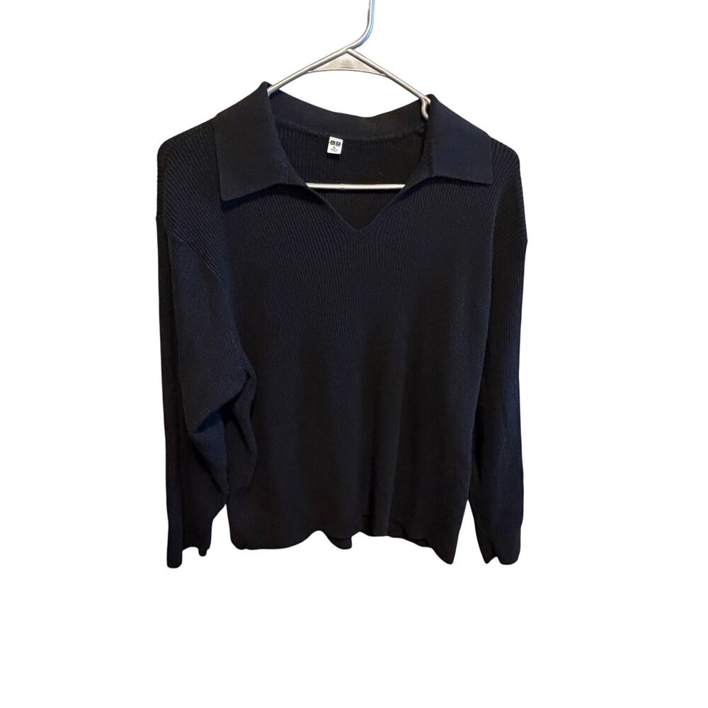 UNIQLO Women’s XL Black Ribbed Knit Collared V Neck Long Sleeve Sweater - Picture 2 of 9